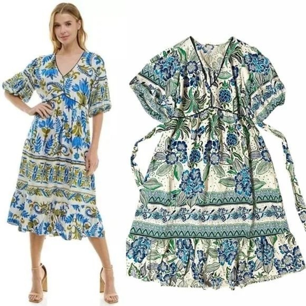 Fig + Flower Floral‎ Print Blue Green White Midi Dress Boho V Neck Tie Waist L
